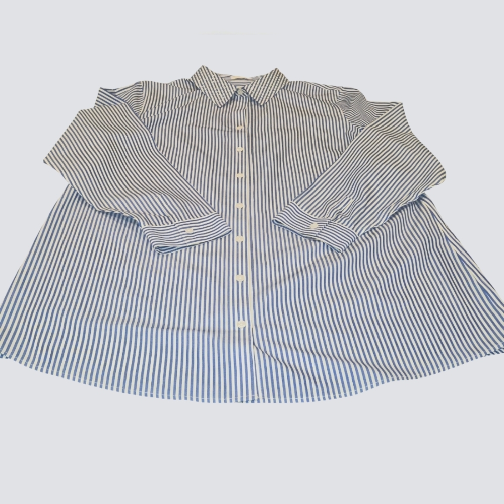 Chico's Womens Tunic Blouse Blinged  Collar Size 3 Or XL Blue & White Striped